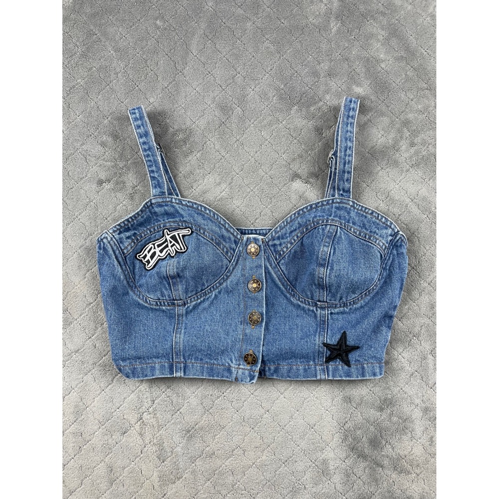 L'atiste Womens Blue Denim Bustier Crop Top Button Front Star‎ Patch Small